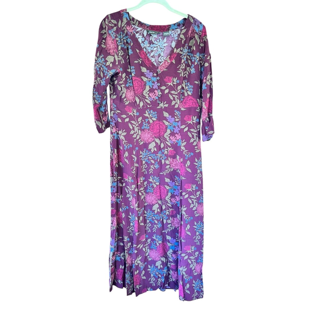Eddie Bauer Womens M Gray Pink Floral Rayon Button Front Long Sleeve Maxi Dress